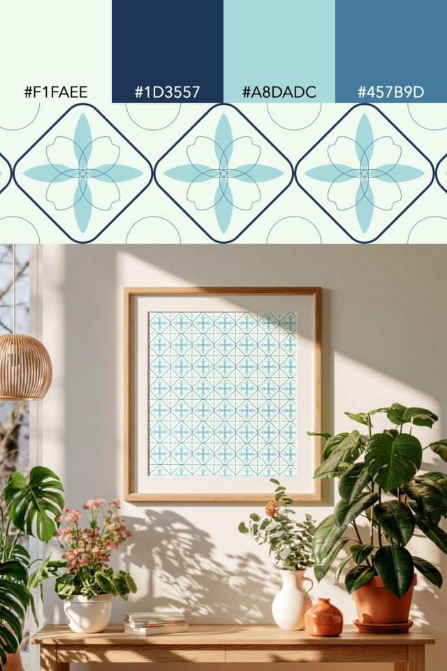 the colors one mediterranean tile is drawn in, with their hex codes, and the tile printed on a frame