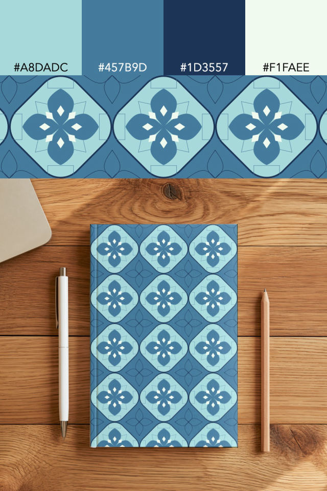 the colors one mediterranean tile is drawn in, with their hex codes, and the tile printed on a notebook