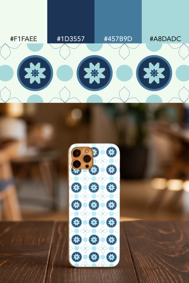 the colors one mediterranean tile is drawn in, with their hex codes, and the tile printed on a phone case