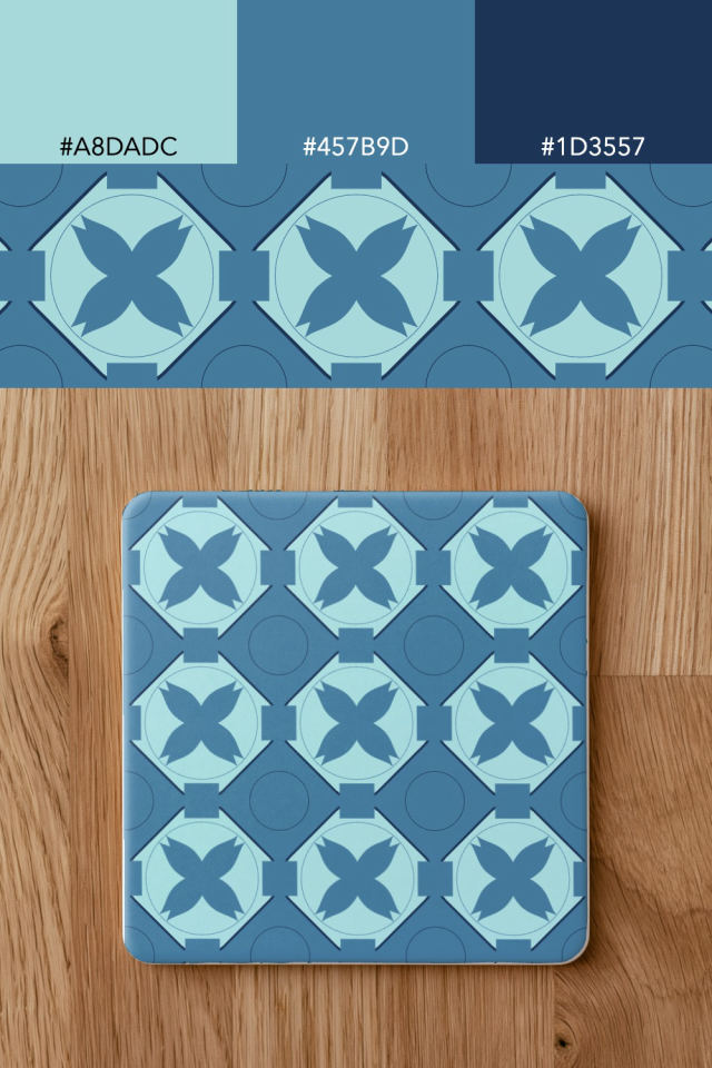 the colors one mediterranean tile is drawn in, with their hex codes, and the tile printed on a coaster