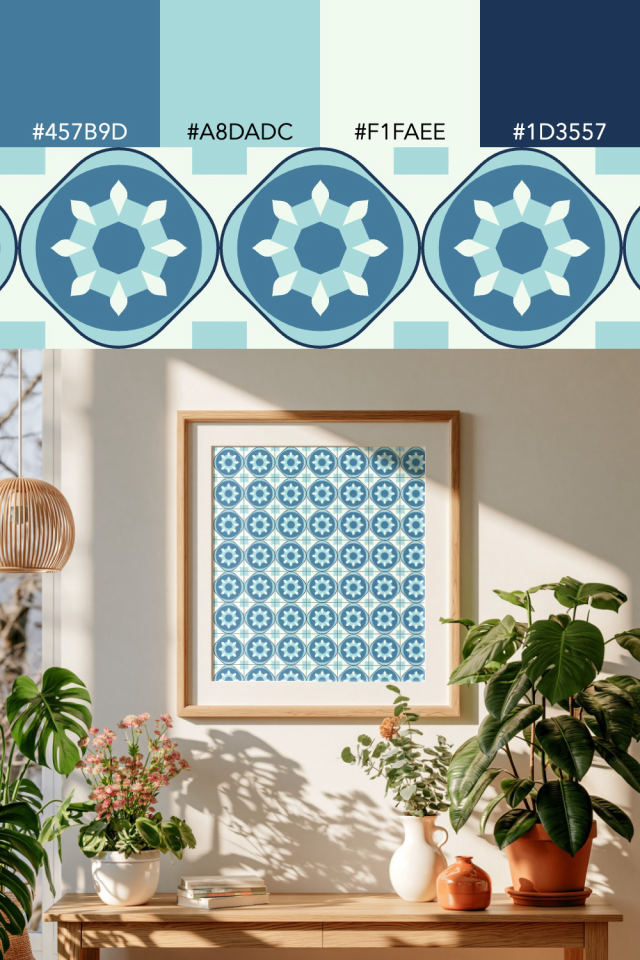the colors one mediterranean tile is drawn in, with their hex codes, and the tile printed on a frame