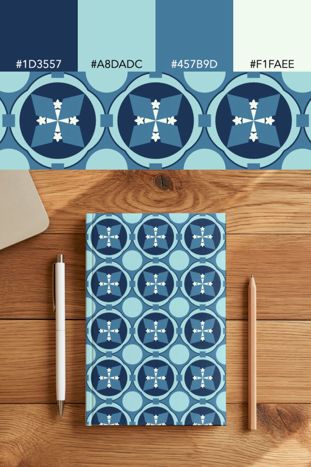 the colors one mediterranean tile is drawn in, with their hex codes, and the tile printed on a notebook