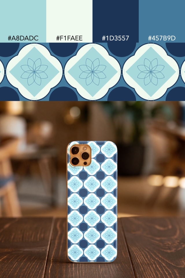 the colors one mediterranean tile is drawn in, with their hex codes, and the tile printed on a phone case