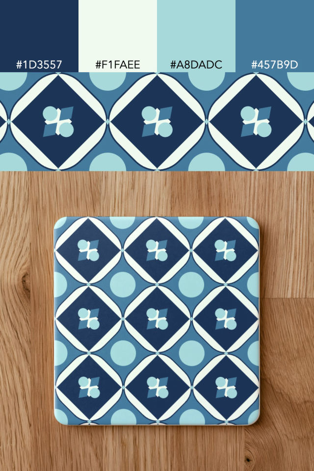 the colors one mediterranean tile is drawn in, with their hex codes, and the tile printed on a coaster