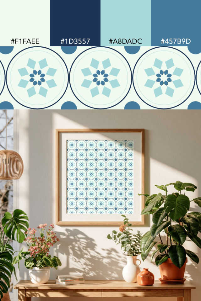 the colors one mediterranean tile is drawn in, with their hex codes, and the tile printed on a frame