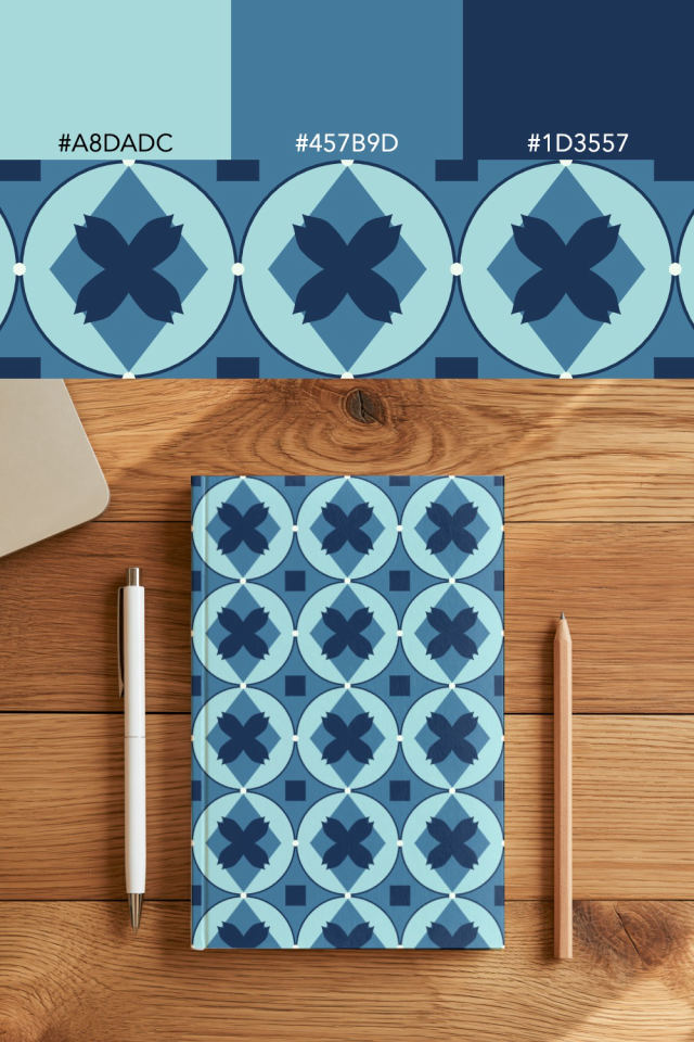 the colors one mediterranean tile is drawn in, with their hex codes, and the tile printed on a notebook
