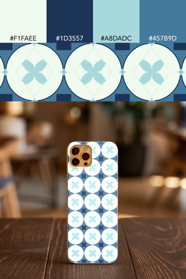 the colors one mediterranean tile is drawn in, with their hex codes, and the tile printed on a phone case