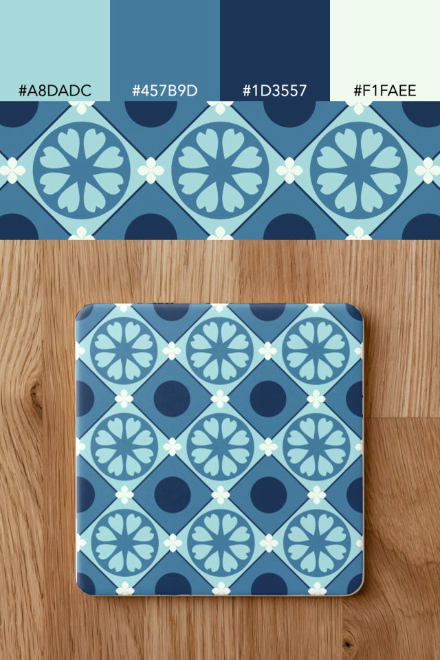 the colors one mediterranean tile is drawn in, with their hex codes, and the tile printed on a coaster