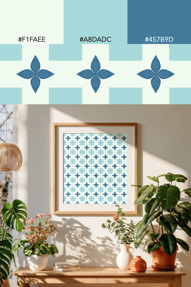 the colors one mediterranean tile is drawn in, with their hex codes, and the tile printed on a frame