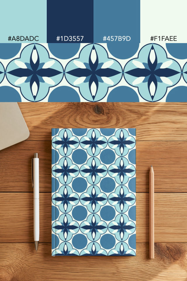 the colors one mediterranean tile is drawn in, with their hex codes, and the tile printed on a notebook