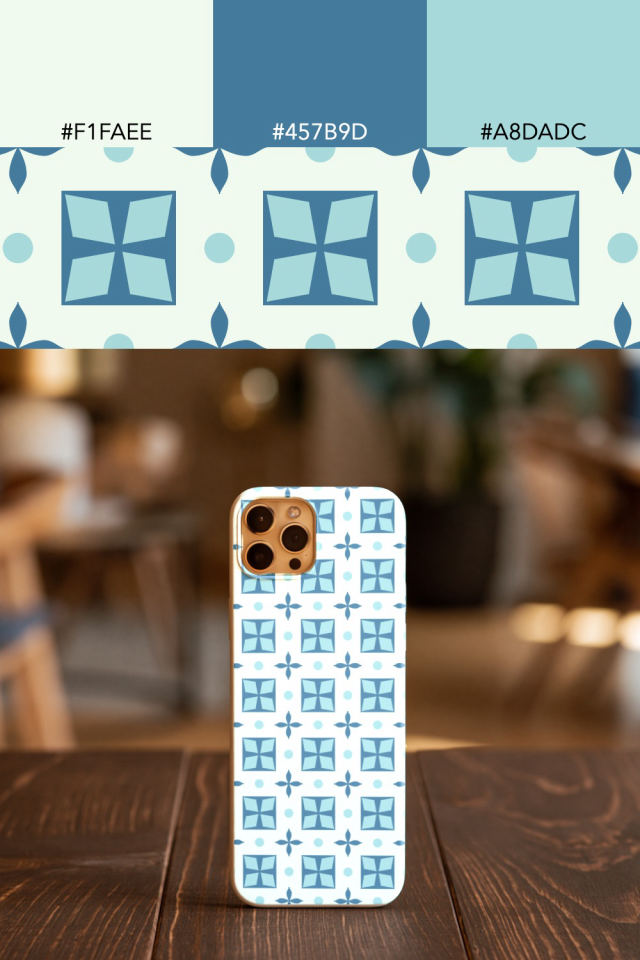 the colors one mediterranean tile is drawn in, with their hex codes, and the tile printed on a phone case