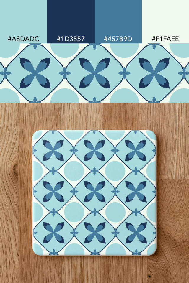 the colors one mediterranean tile is drawn in, with their hex codes, and the tile printed on a coaster