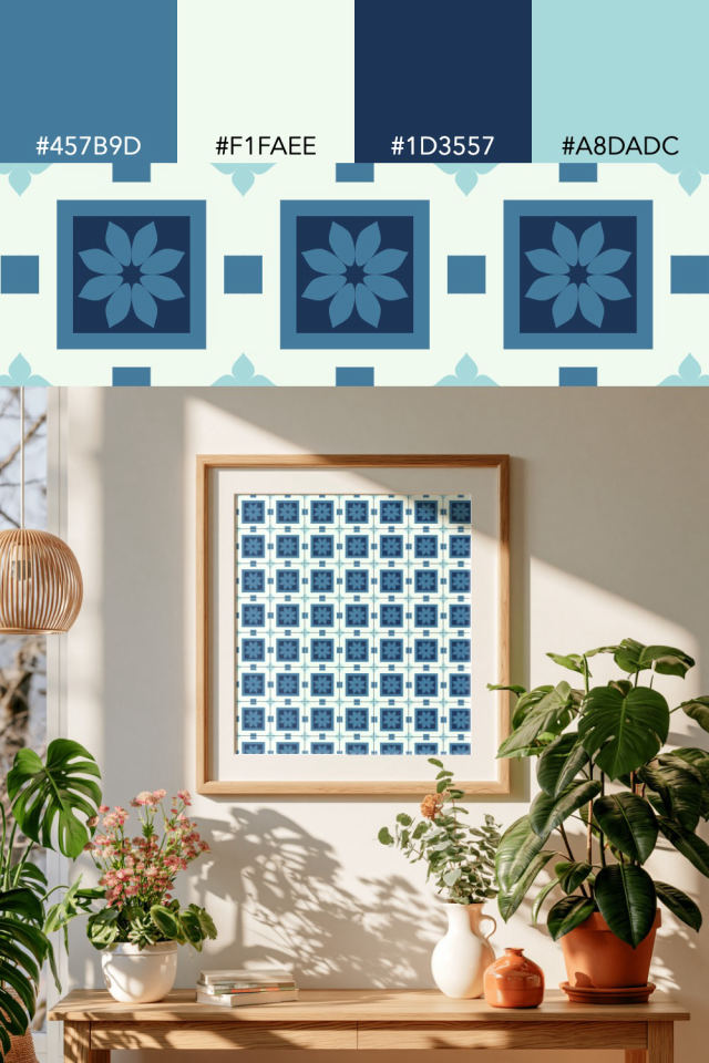 the colors one mediterranean tile is drawn in, with their hex codes, and the tile printed on a frame
