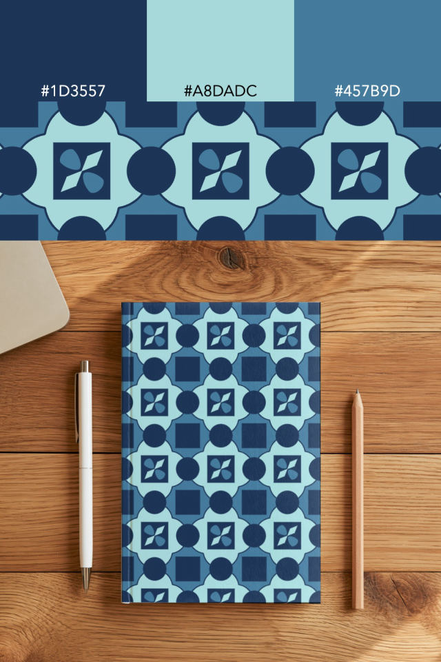 the colors one mediterranean tile is drawn in, with their hex codes, and the tile printed on a notebook