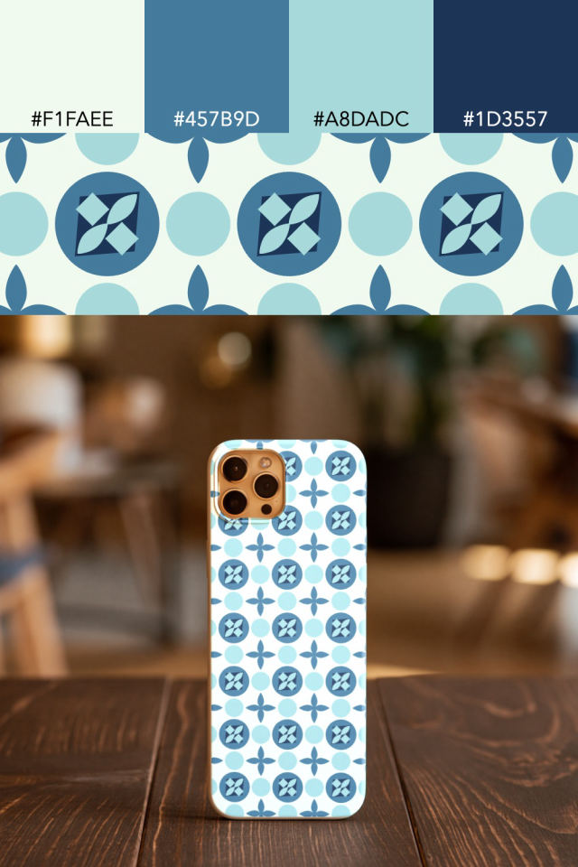 the colors one mediterranean tile is drawn in, with their hex codes, and the tile printed on a phone case