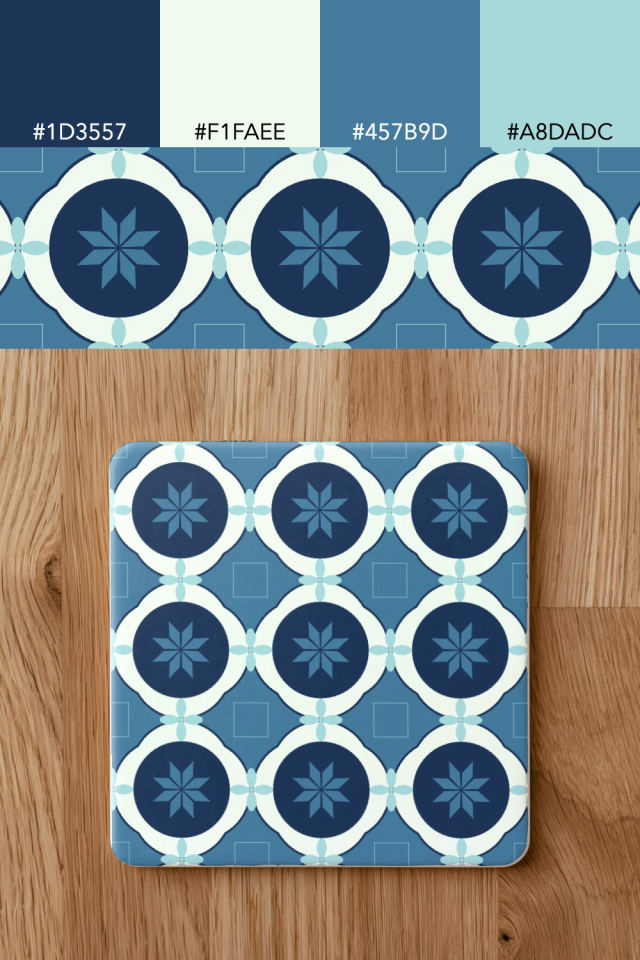 the colors one mediterranean tile is drawn in, with their hex codes, and the tile printed on a coaster