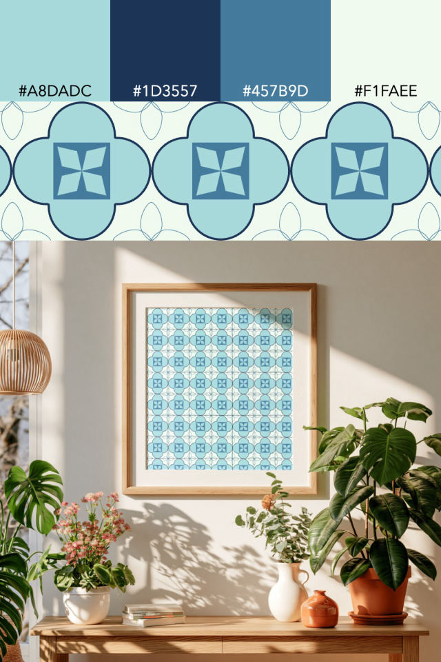 the colors one mediterranean tile is drawn in, with their hex codes, and the tile printed on a frame