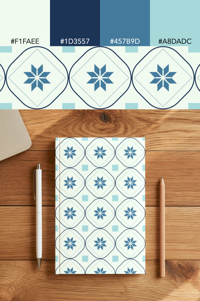the colors one mediterranean tile is drawn in, with their hex codes, and the tile printed on a notebook
