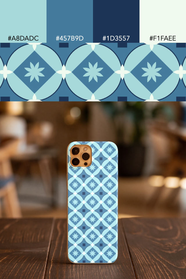 the colors one mediterranean tile is drawn in, with their hex codes, and the tile printed on a phone case
