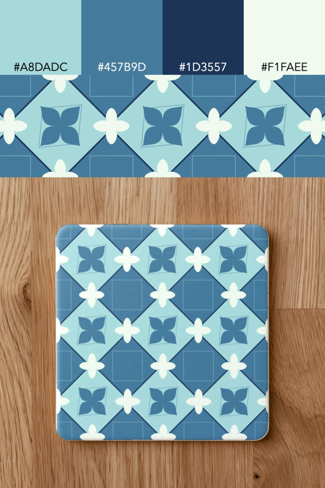 the colors one mediterranean tile is drawn in, with their hex codes, and the tile printed on a coaster