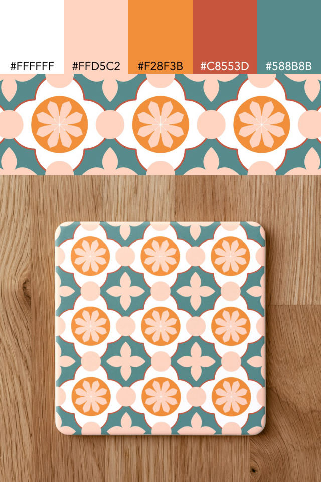 the colors one coral-reef tile is drawn in, with their hex codes, and the tile printed on a coaster