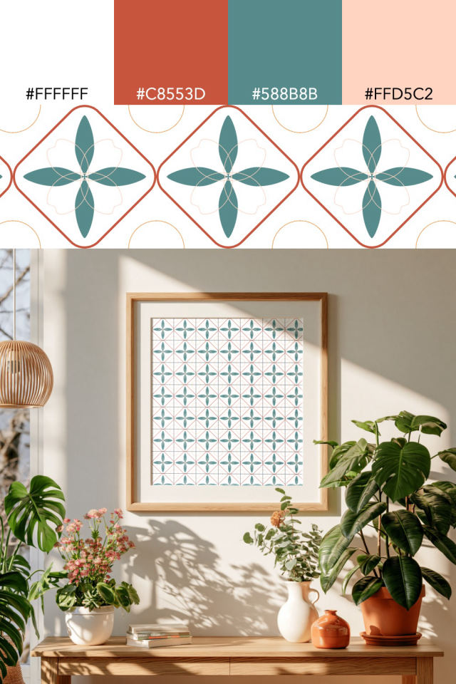 the colors one coral-reef tile is drawn in, with their hex codes, and the tile printed on a frame