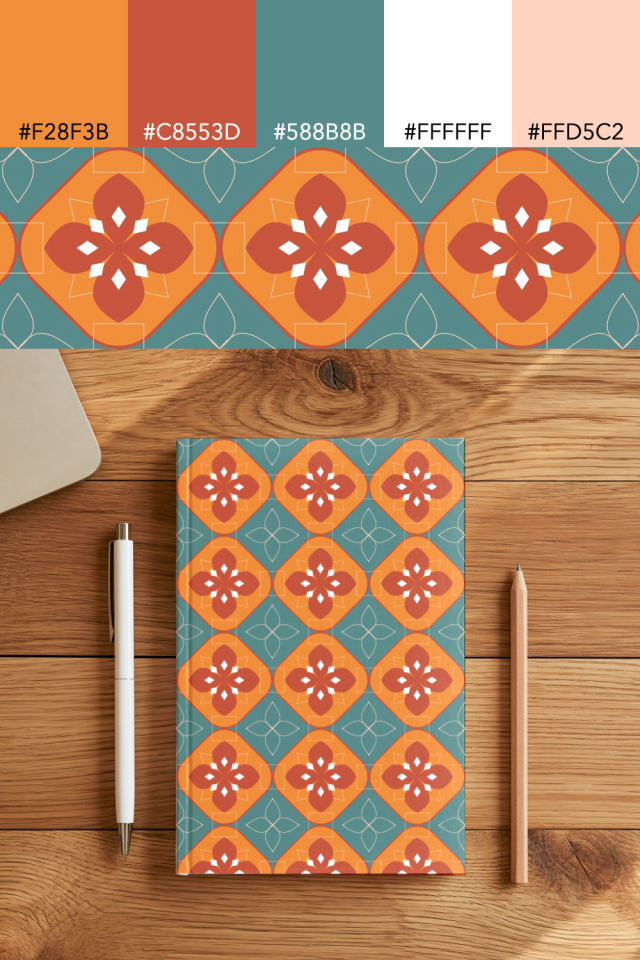 the colors one coral-reef tile is drawn in, with their hex codes, and the tile printed on a notebook