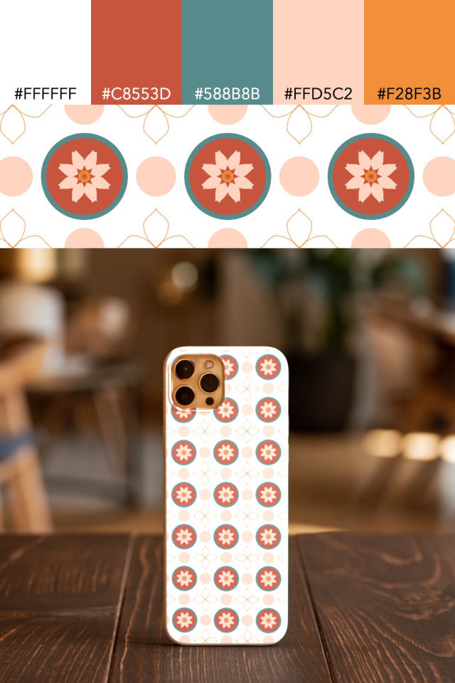the colors one coral-reef tile is drawn in, with their hex codes, and the tile printed on a phone case