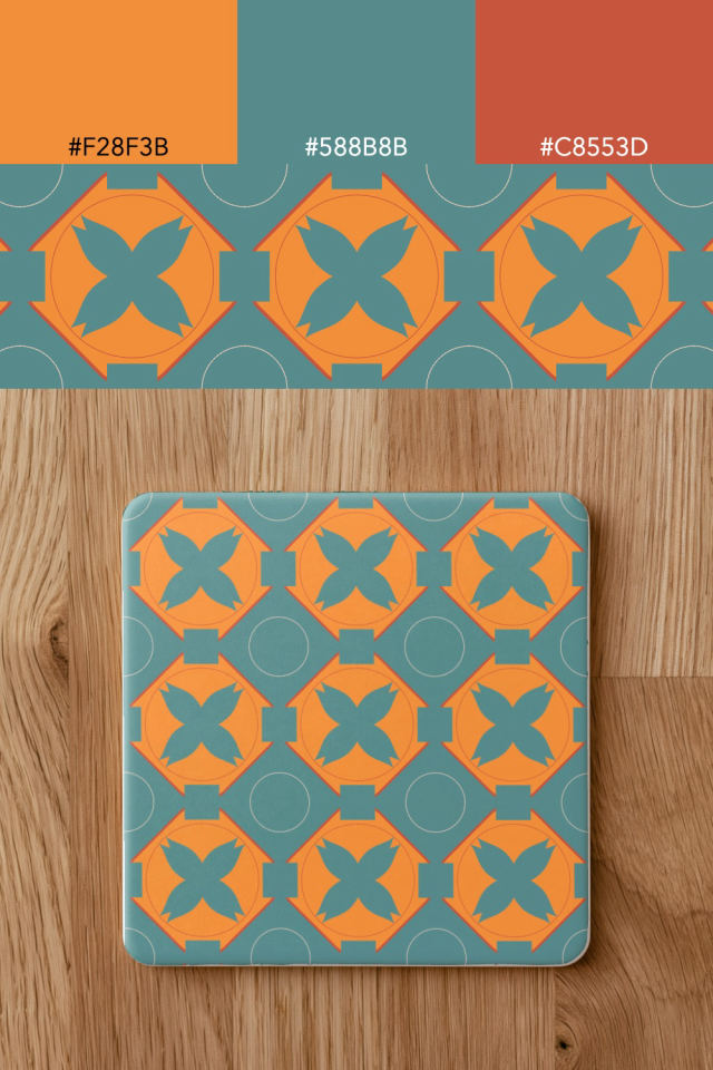 the colors one coral-reef tile is drawn in, with their hex codes, and the tile printed on a coaster