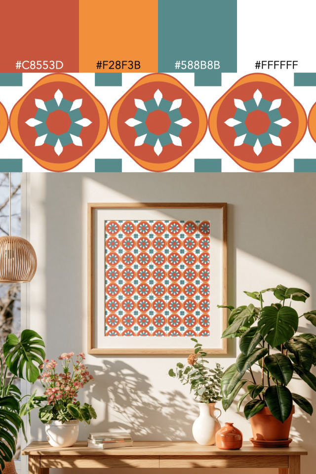 the colors one coral-reef tile is drawn in, with their hex codes, and the tile printed on a frame
