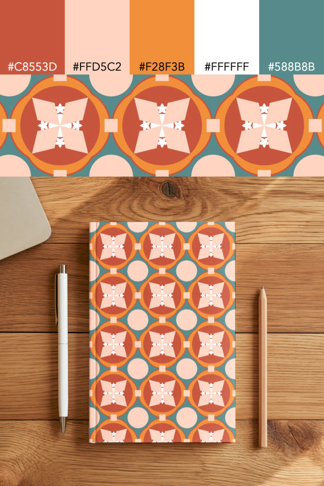 the colors one coral-reef tile is drawn in, with their hex codes, and the tile printed on a notebook