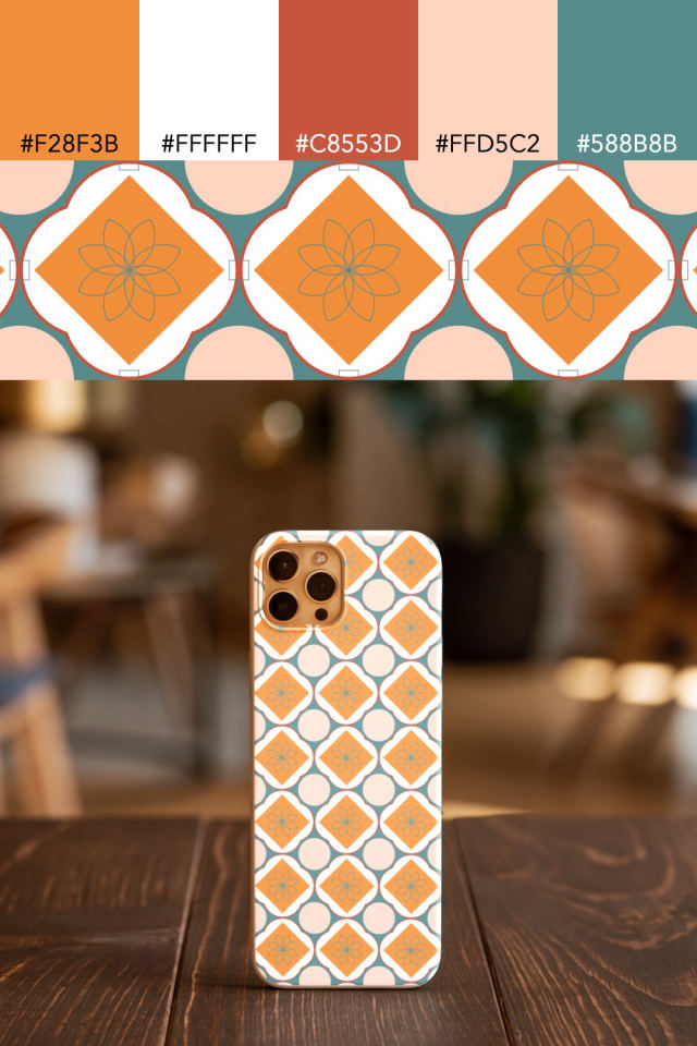 the colors one coral-reef tile is drawn in, with their hex codes, and the tile printed on a phone case