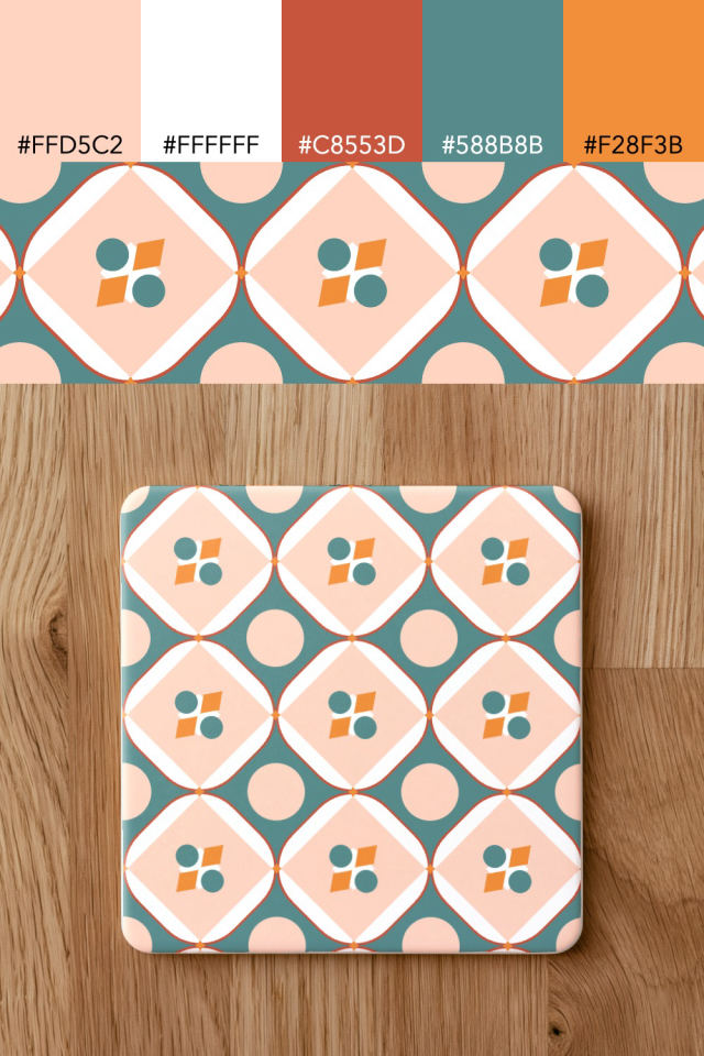 the colors one coral-reef tile is drawn in, with their hex codes, and the tile printed on a coaster