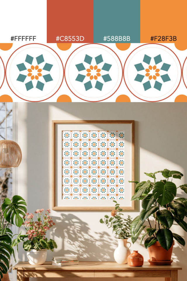 the colors one coral-reef tile is drawn in, with their hex codes, and the tile printed on a frame