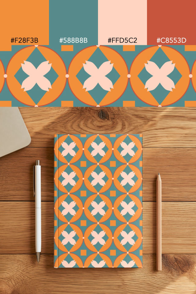 the colors one coral-reef tile is drawn in, with their hex codes, and the tile printed on a notebook