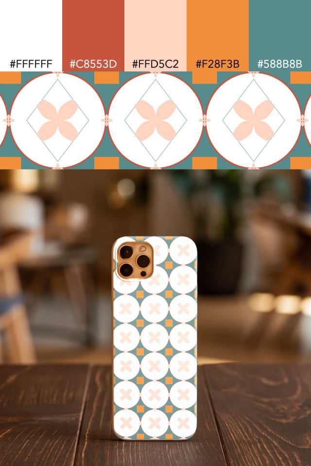 the colors one coral-reef tile is drawn in, with their hex codes, and the tile printed on a phone case