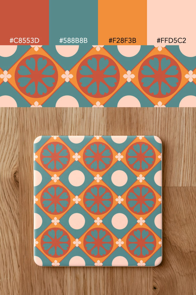 the colors one coral-reef tile is drawn in, with their hex codes, and the tile printed on a coaster