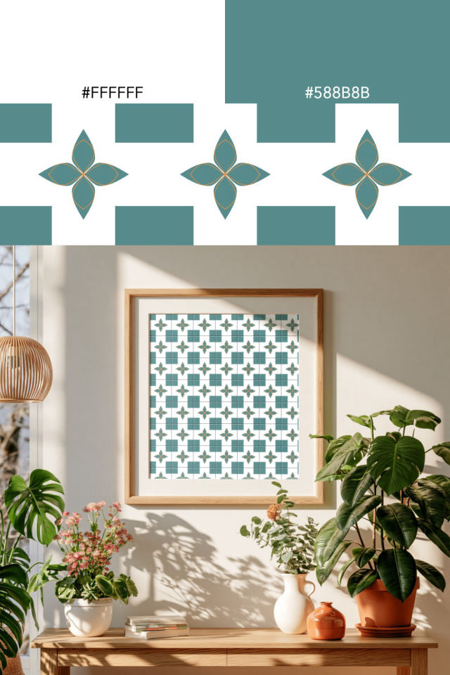 the colors one coral-reef tile is drawn in, with their hex codes, and the tile printed on a frame