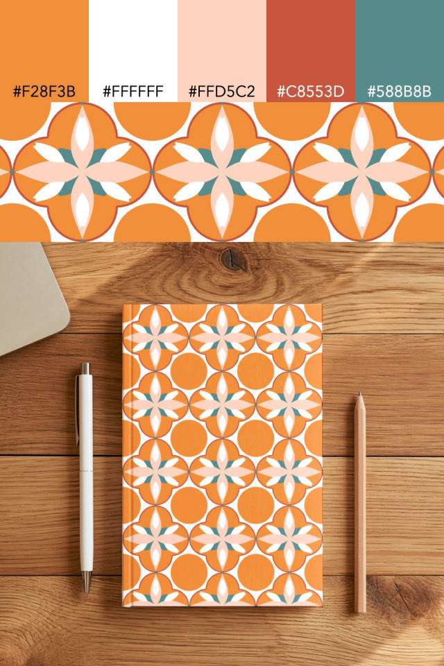 the colors one coral-reef tile is drawn in, with their hex codes, and the tile printed on a notebook