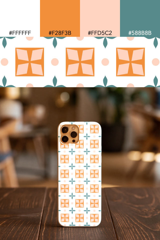 the colors one coral-reef tile is drawn in, with their hex codes, and the tile printed on a phone case