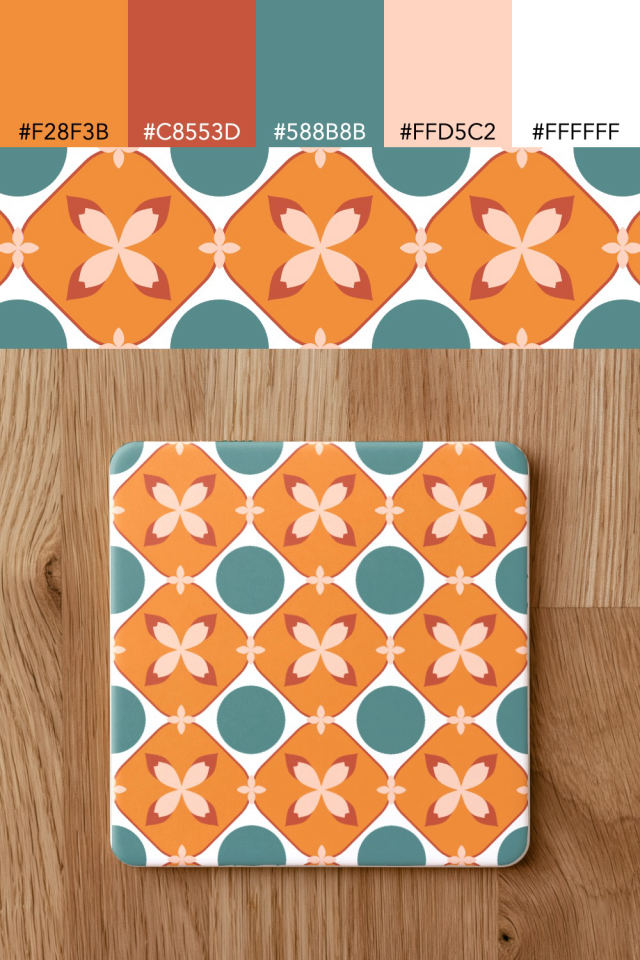 the colors one coral-reef tile is drawn in, with their hex codes, and the tile printed on a coaster