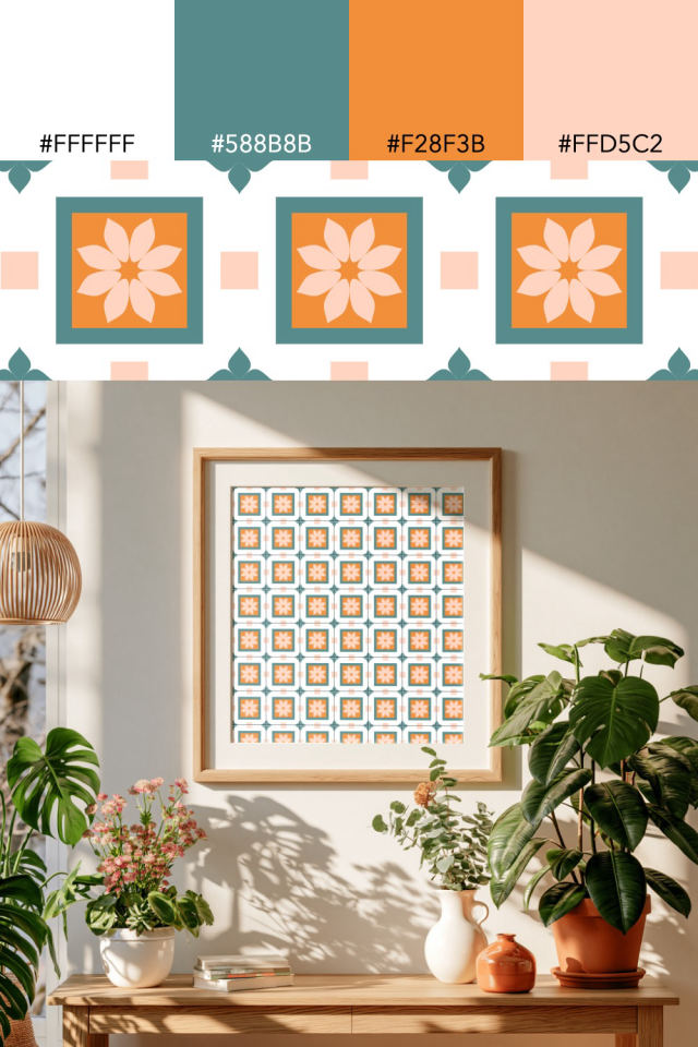the colors one coral-reef tile is drawn in, with their hex codes, and the tile printed on a frame