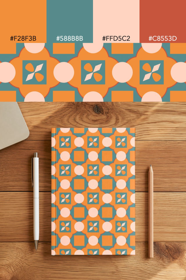 the colors one coral-reef tile is drawn in, with their hex codes, and the tile printed on a notebook