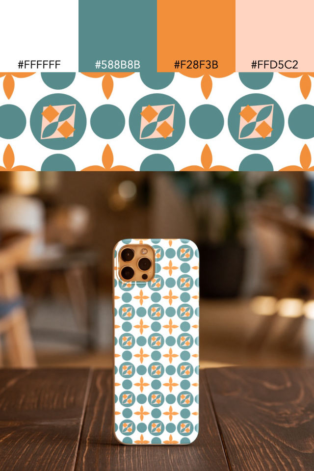 the colors one coral-reef tile is drawn in, with their hex codes, and the tile printed on a phone case