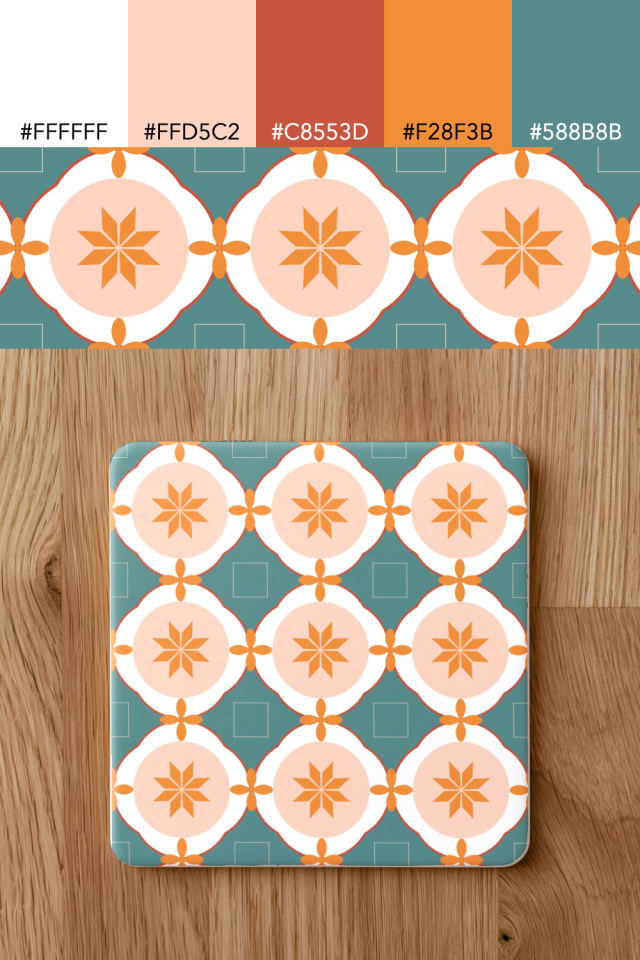 the colors one coral-reef tile is drawn in, with their hex codes, and the tile printed on a coaster