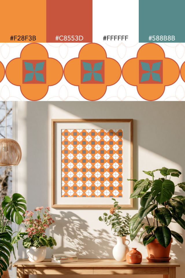 the colors one coral-reef tile is drawn in, with their hex codes, and the tile printed on a frame