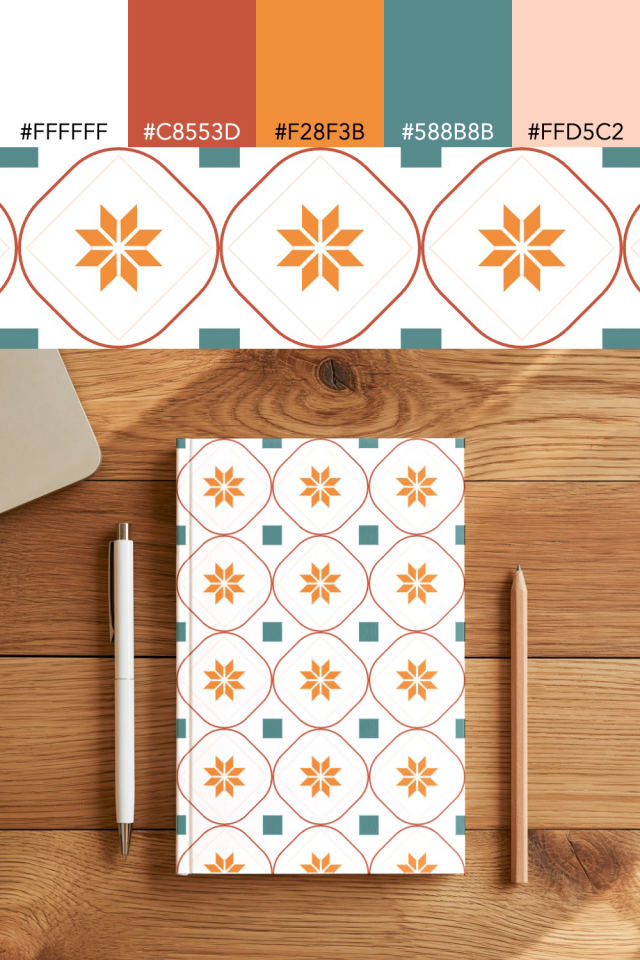 the colors one coral-reef tile is drawn in, with their hex codes, and the tile printed on a notebook