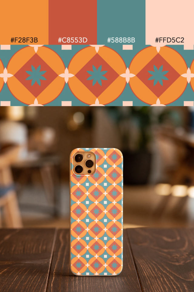 the colors one coral-reef tile is drawn in, with their hex codes, and the tile printed on a phone case