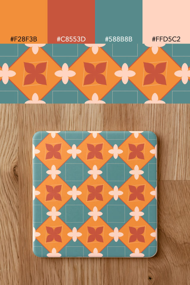 the colors one coral-reef tile is drawn in, with their hex codes, and the tile printed on a coaster