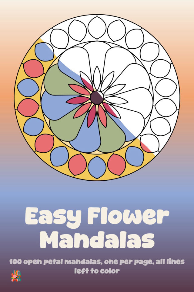 Easy Flower Mandalas: mandala coloring pages, half of one colored in